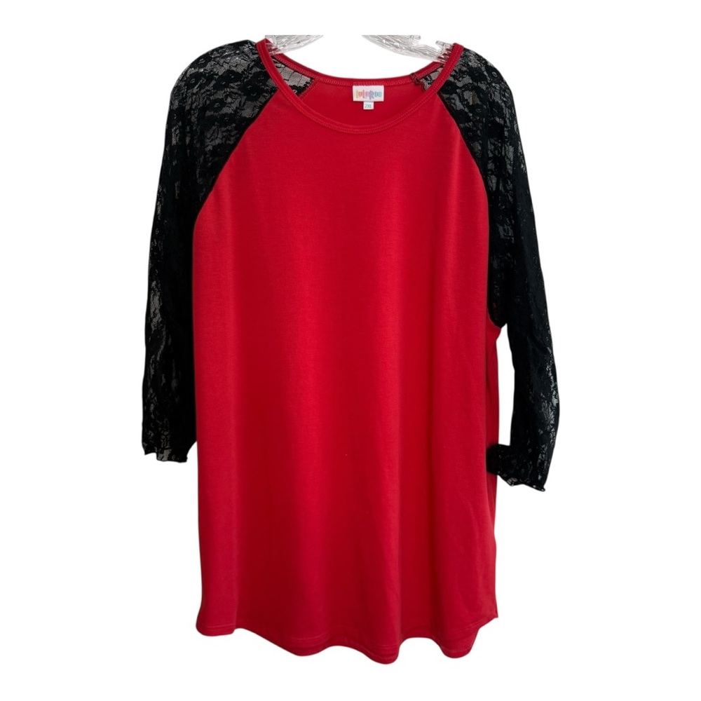 LuLaRoe Vibrant Red Top Black Laced Sleeves Size 2XL